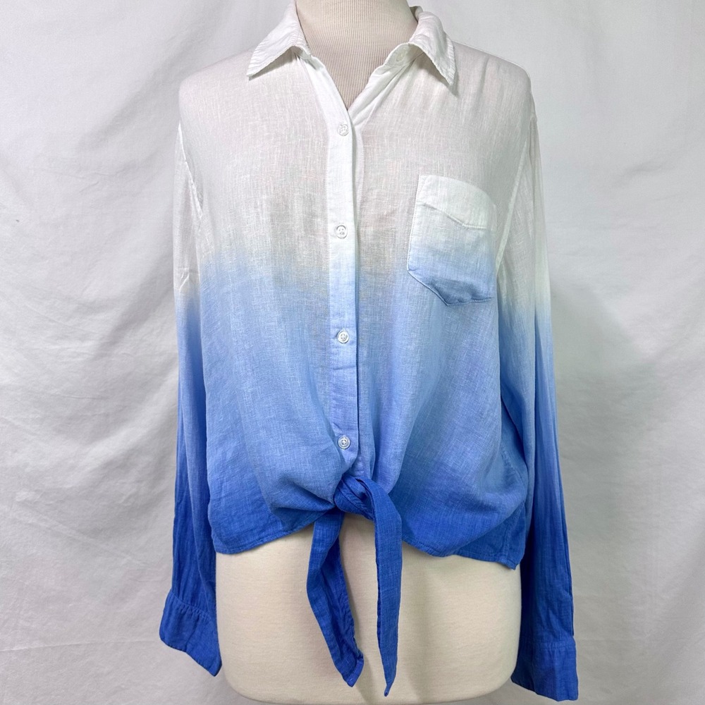 RAILS Linen Blue White Ombre Dip Dye TIe Front Button Front Top Women XL Coastal